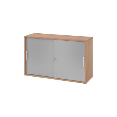 bümö Schiebetürenschrank 2OH - Aktenschrank abschließbar, Sideboard Schrank mit Schiebetüren in Nussbaum/Silber, Relinggriff - Büroschrank aus Holz Image