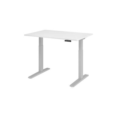 bümö elektrisch höhenverstellbarer Schreibtisch 120x80 cm in weiß, Gestell silber - Sitz & Stehschreibtisch mit Memoryfunktion, elektrischer Image