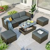 5-Piece Patio Furniture Sets All Weather 3-Seater Rattan Wicker Sofa with Adustable Backrest Cushions 3 Ottomans and 1 Lift Top Coffee Table for Patio Garden Porch Backyard Poolside Gray