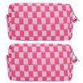 Makeup Bag Checkered Cosmetic Bag Brown Makeup Pouch 1Pcs Large Capacity Makeup Bags and 1Pcs Makeup Brushes Storage Bag Travel Toiletry Bag Organizer - Pink and white