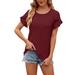 YDKZYMD Compression Shirts for Women Short Sleeve Jacquard Puff Sleeve Pleated Blouses Eyelet Embroidery Crew Neck 2024 Tunics Casual Dressy Summer Tee Tops Wine 2XL