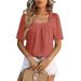 EHTMSAK Womens Compression Shirt Short Sleeve Pleated jacquard Eyelet Embroidery Tee Tops Puff Sleeve Square Neck Casual Tunics 2024 Dressy Trendy Blouses Watermelon Red 2XL