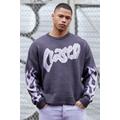 Mens Grey Oversized Boxy Brushed Graphic Knitted Jumper, Grey