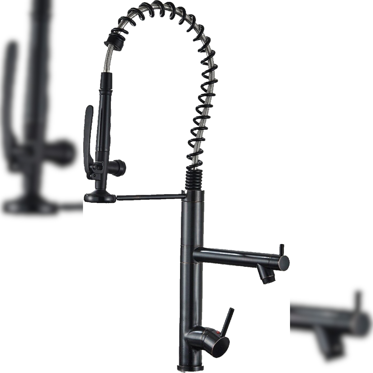 KLARWERK® Ben | Große Gastronomie Küchenarmatur Schwarz mit 2 Brausen | Profi Edelstahl Wasserhahn Küche 2 Anschlüsse | Doppelspülbecken Restaurant Image