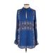 Free People Casual Dress - Shift High Neck Long sleeves: Blue Paisley Dresses - Women's Size X-Small - Print Wash