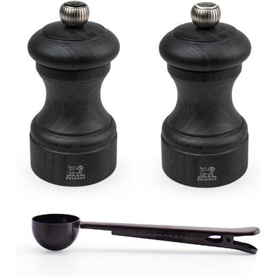 Bistro Manual Salt & Pepper Mill Gift Set - Classic Adjustable Grinder - Beechwood, - With Stainless Steel Spice Scoop/Bag Clip