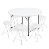 MoNiBloom 7 Pieces 4.5 FT Folding Round Outdoor Table & Chair Set, Event Party Desk & Foldable Black Steel Stools Plastic/Metal in White | Wayfair