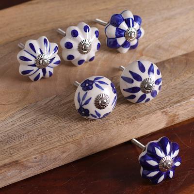 Blooming Blue,'Set of 6 Floral Blue and White Ceramic Knobs'