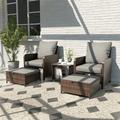 ECOPATIO 5 Piece Patio Furniture Set Outdoor Patio Conversation Rattan Chair with Ottomans w/Storage Coffee Table for Patio Space Saving Design for Balcony Poolside Front Porch Deck Gray