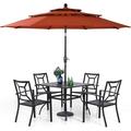 VILLA 7 Piece Outdoor Dining Set with Umbrella for 6 60\u201D Rectangular Metal Dining Table & 6 Stackable Metal Chairs & 13ft Large Beige Umbrella for Outdoor Deck Yard Porch