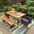 & William 6 Pieces Patio Dining Set for 6 4 PE Rattan Chairs and 1 Rectangular Acacia Wood Table and 1 Bench Outside Table and Chairs with Cushions Outdoor Furniture for Decker Yar