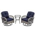 HOMEFUN 3-Piece Outdoor Furniture Modern Wicker Navy Sofa Set (1 Wicker Table And 2 Chairs) Wicker Seat With Navy Cushions Swivel Swaying Rocking Chair Set