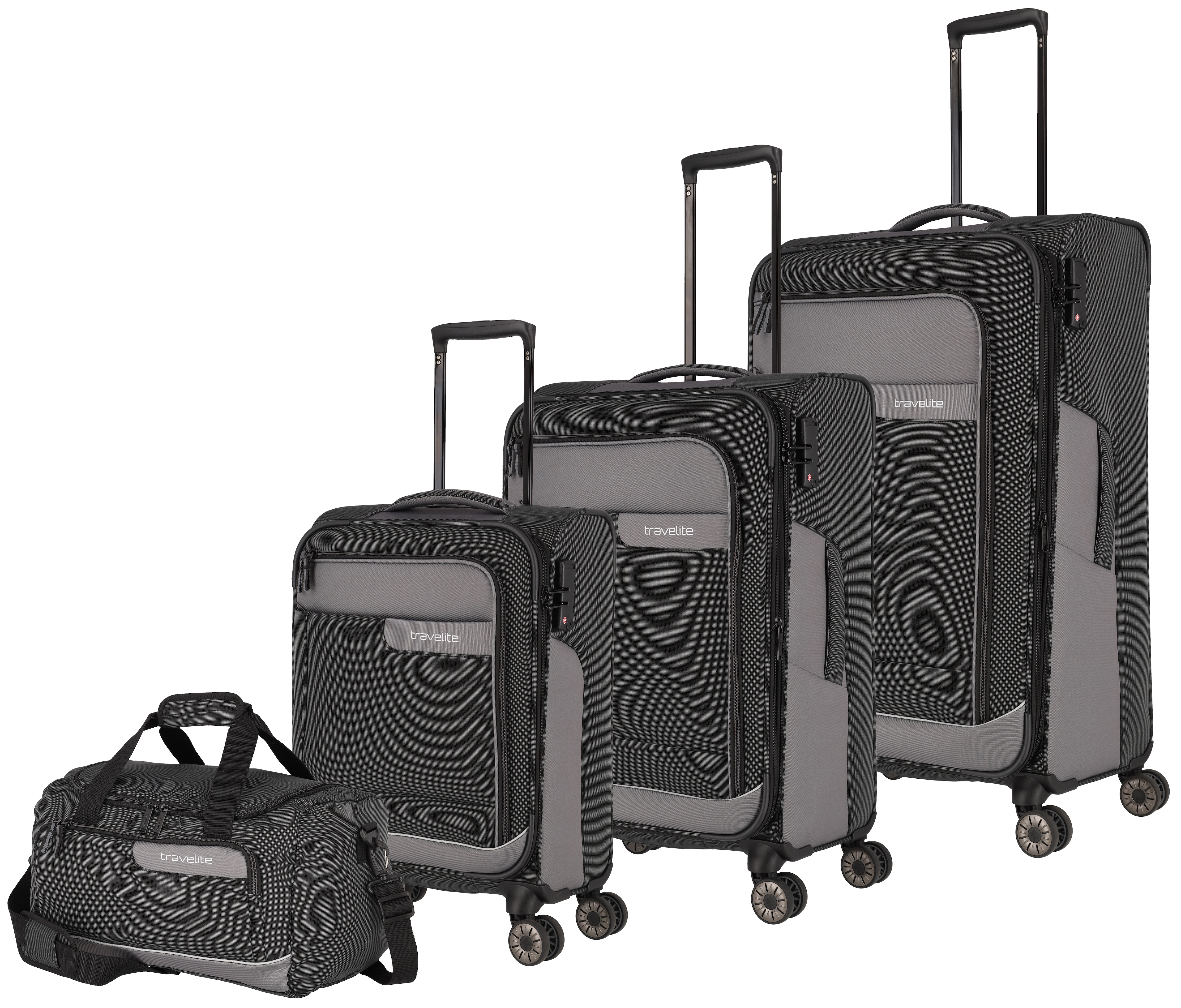 Trolleyset TRAVELITE "VIIA S/M/L und Reisetasche", grau (schiefer), Polyester, mehrfarbig, Koffer-Sets, Kofferset Reisegepäck mit erweiterbarem Volumen und TSA Schloss Image