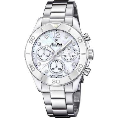 Chronograph FESTINA "Boyfriend Collection", silber (silberfarben, perlmuttfarben), Armbanduhren, Damen, Armbanduhr, Quarzuhr, Damenuhr, Stoppfunktion, Edelstahlarmband Image