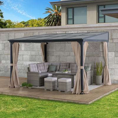 Sunjoy Wall-Mounted Gazebo with hardtop Steel Roof, Black Aluminum & Metal Frame Lean to Gazebo with Curtains and Netting