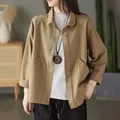 Manteau chemise en coton sergé simple pour femme poche solide simple boutonnage polyvalent art