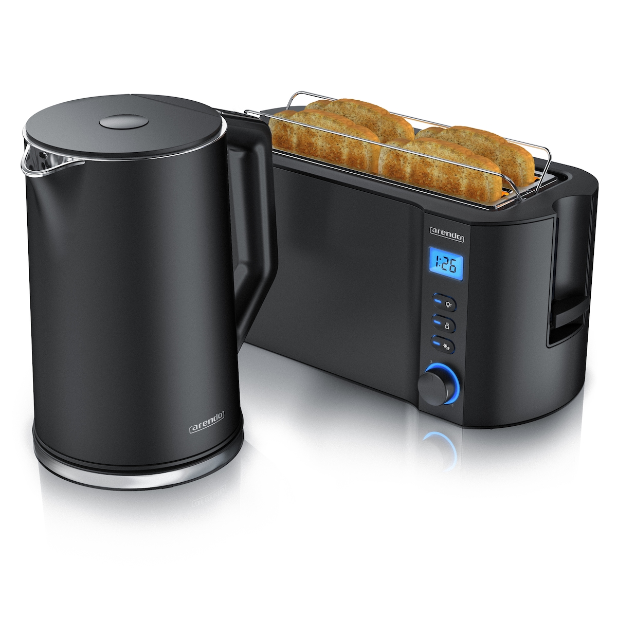 Arendo Frühstücksset, Wasserkocher ELEGANT 1,5 Liter, 4-Scheiben Langschlitz Toaster, Schwarz Image