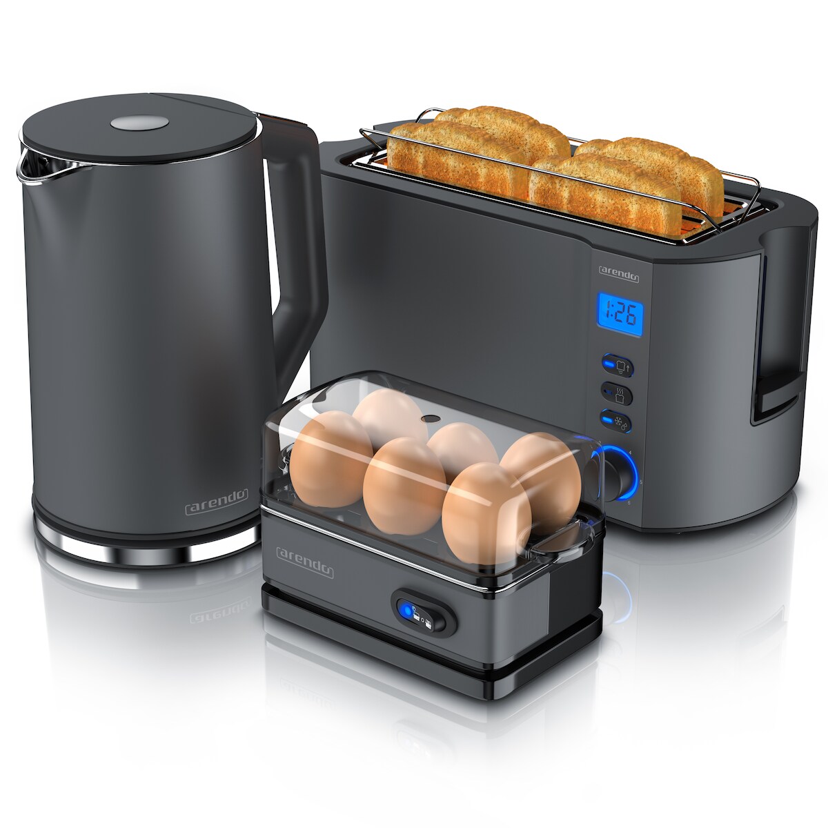 Arendo 3-teiliges Frühstücksset, Wasserkocher ELEGANT 1,5l, 4-Scheiben Toaster, 6er Eierkocher, Grau Image