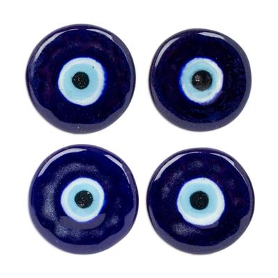 Deep Glances,'Set of 4 Handcrafted Ceramic Blue Knobs from Mexico'