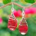 Red Ovate Leaf,'Handblown Glass Dangle Earrings with Red Spirals'