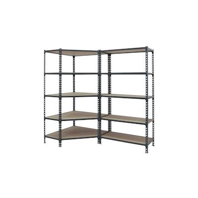SimonRack Maderclick Eckregal aus Metall ohne Schrauben, 5 Böden + 2 Maderclick-Regale. Farbe BLAU/ORANGE/HOLZ 1800x1800x400 mm Image