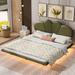Upholstered Platform Bed Frame LED Floating Bed with PU Leather Headboard and Support Legs