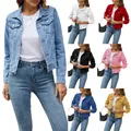 Vestes en jean boutonnées monochromes pour femmes manches longues revers poche poitrine veste en