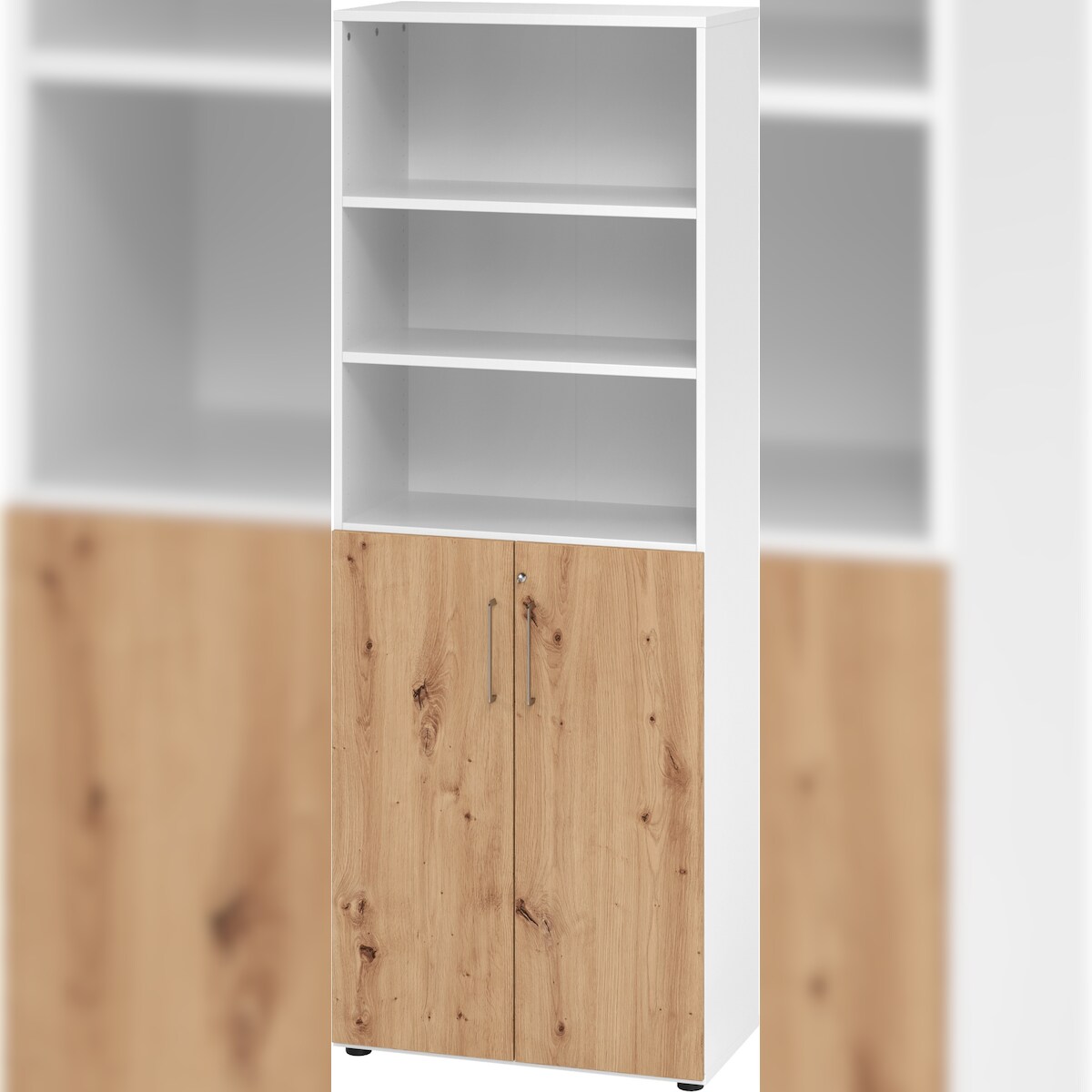 bümö Aktenregal & Schrank abschließbar, Büroschrank Regal Kombination Holz 80cm breit in Weiß/Asteiche - abschließbarer Schrank für's Büro & Image