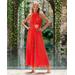 Boston Proper - Caliente Red - High Neck Pleated Jumpsuit with Floral Belt - 6