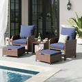 ECOPATIO 5 Piece Patio Furniture Set Outdoor Patio Conversation Rattan Chair with Ottomans w/Storage Coffee Table for Patio Space Saving Design for Balcony Poolside Front Porch Deck Blue