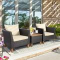 3 Pieces Patio Rattan Bistro Furniture Set with Wooden Table Top-Beige