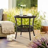 Outdoor Side Table Patio Wicker Coffee Table Outdoor End Table Rattan Bistro Table with Storage & Black Glass Table Top Round for Outside Balcony Porch Poolside Deck Brown