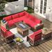 Aoxun 10pcs Patio Conversation Set with Fire Pit Table Outdoor PE Rattan Sectional Sofa Sets with Swivel Chairs for Backyard Red