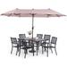 & William Patio Dining Set with 13ft Double-Sided Patio Umbrella 8 Piece Metal Outdoor Table Furniture Set with 6 Outdoor Stackable Chairs 1 Rectangle Dining Table and 1 Large Beige