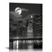 COMIO New York City Night Skyline Wall Art Full Moon Landscape Black and White Picture Canvas Prints Manhattan City Poster Framed Artwork Living Room Bedroom Decor