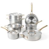 MARTHA STEWART Vintage 18/8 Triply Stainless Steel 12 Piece Cookware Set w/Gold Handles