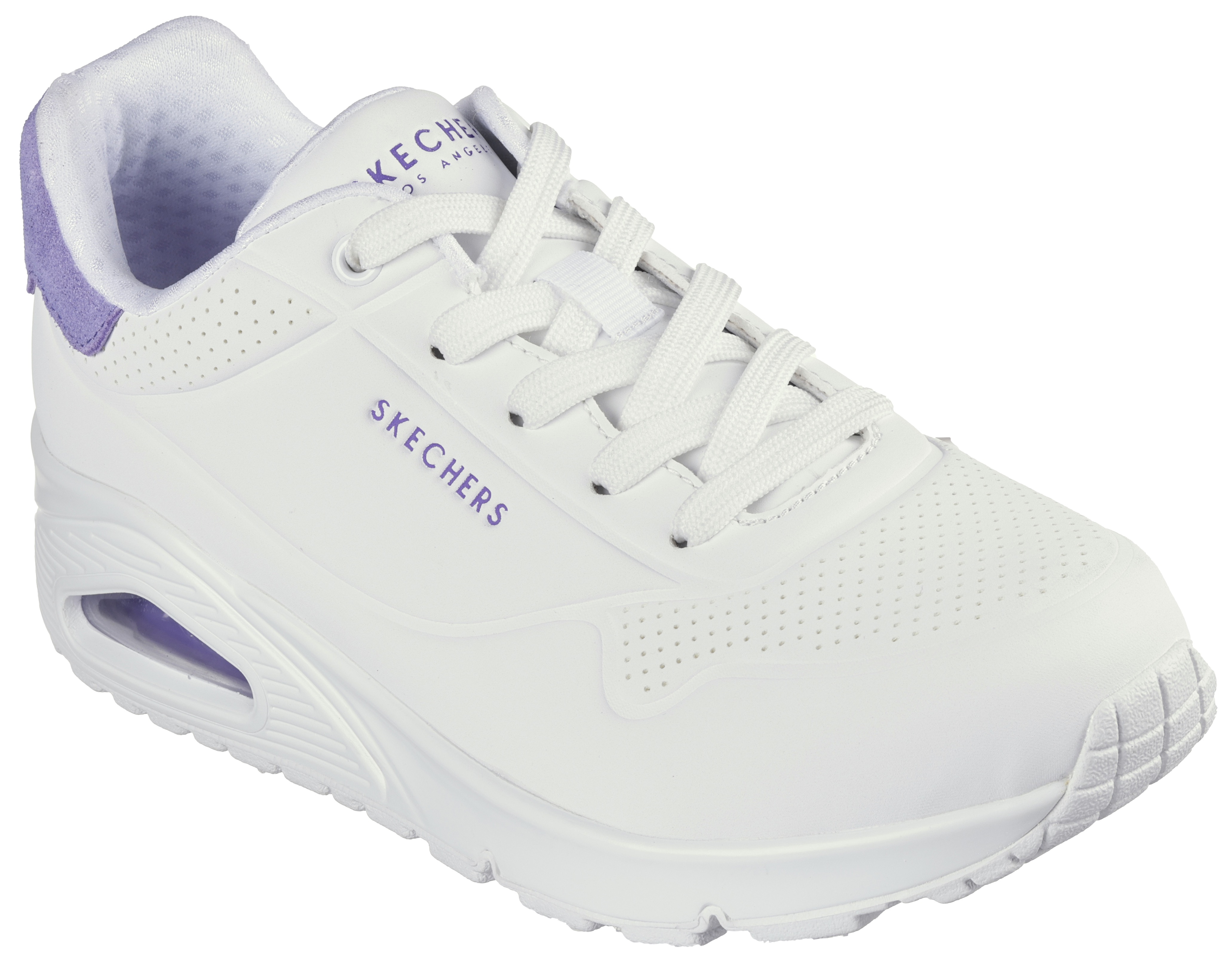 Sneaker SKECHERS "UNO - POP BACK", Damen, Gr. 40, bunt (weiß, violett), Lederimitat, Veloursleder, Schuhe Sneaker, Freizeitschuh, Halbschuh, Schnürschuh komfortabler Skech-Air Funktion Image