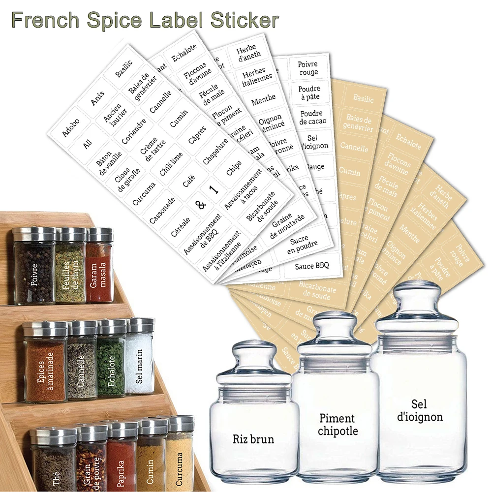 Étiquettes de stockage de pots à épices,etiquette cuisine, autocollants noirs imperméables et résistants à l'huile pour salle de cuisine etiquette pour bocaux francais cuisine etiquette epice