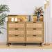 iYofe Rattan Sideboards Buffet Cabinet w/ 6 Drawers, LED Lights & Power Outlet Wood in Brown | 37 H x 43 W x 15 D in | Wayfair
