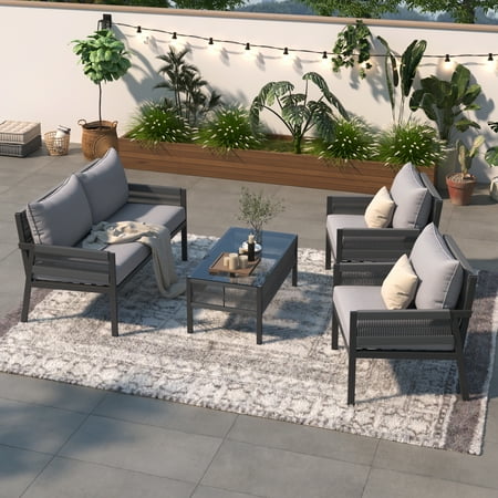 EUROCO 4 Piece Modern Rope Patio Conversation Sets 1000LBS Outdoor Conversation Set All-Weather Woven Rope with Tempered GlassTabletop 3.9in Fade Resistant Thick Soft Cushion & Coffee Table Grey