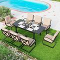 7 Piece Outdoor Patio Dining Set 6 Spring Motion Cushion Chairs 1 Rectangular Table with 1.57 Umbrella Hole Furniture Sets for Lawn Backyard Garden Red