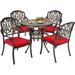 Haverchair 5 Piece Outdoor Dining Set Cast Aluminum Patio Dining Set Table and Chairs Outside Furniture 4 Chairs with Red Cushions and 1 Umbrella Round Dining Table for Lawn Garden Patio