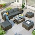 Patio Furniture Sets of 5 Outdoor PE Rattan Wicker Sofa with Adustable Backrest Cushions Ottomans and Lift Top Coffee Table for Patio Lawn Poolside Gray Rattan+Gray Cushion