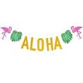 1 Set ALOHA Flamingo Monstera Banner Set Party Supplies Decorations for Hawaii Luau Party Summer Tropical Party (DFQ133 + Flamingo + 2 Round Dots Strips)