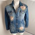 Lularoe Jackets & Coats | Lularoe Jaxon Medium Wash Blue Fitted Denim Jacket With Pink Roses | Color: Blue/Pink | Size: S