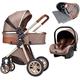 Baby Carriage Stroller 2 in 1 Baby Troller Car Seat Stroller, Foldable Stroller Carriage Luxury Baby Pram Newborn Stroller with Cooling Pad Rain Cover Footmuff Mosquito Net (Khaki)