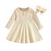 Toddler Baby Girl Knit Sweater Dress Infant Solid Color Ribbed Long Sleeve Dresses with Bow Headband Casual Fall Winter Outfits