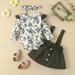 Newborn Infant Girl Clothes Floral Ruffle Long Sleeve Romper Tops Suspender Skirt Dress with Bow Headband Fall Winter Outfit Set