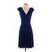 Lauren by Ralph Lauren Casual Dress - A-Line Plunge Short sleeves: Blue Solid Dresses - Women's Size 2