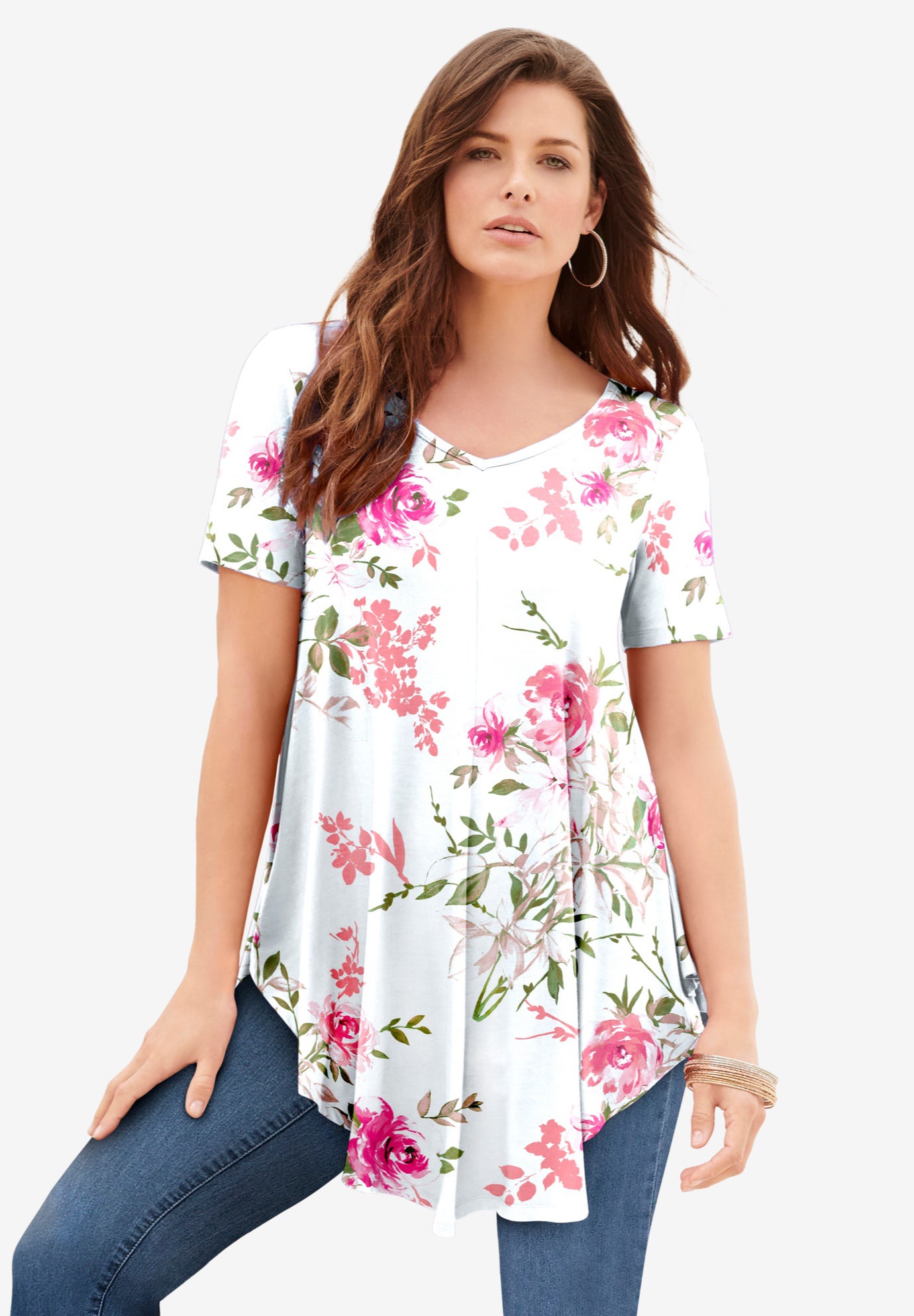 Plus Size Women's Plus Size Ultra Drape V-Neck Swing Tunic Top by Roaman's in White Romantic Rose (Size 34/36) Short Sleeve V-Neck Shirt